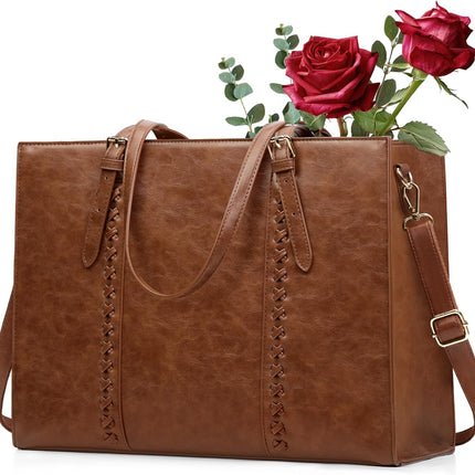 RAINSMORE Laptop Bag for Women 15.6 inch Leather Waterproof Computer Work Bags Large Laptop Tote Bag Professional Business Office Briefcase Women Lightweight Shoulder Handbags, Brown