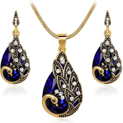 Ezing Women Gold Plated Green Peacock Jewelry Set Pendant Necklace Earrings