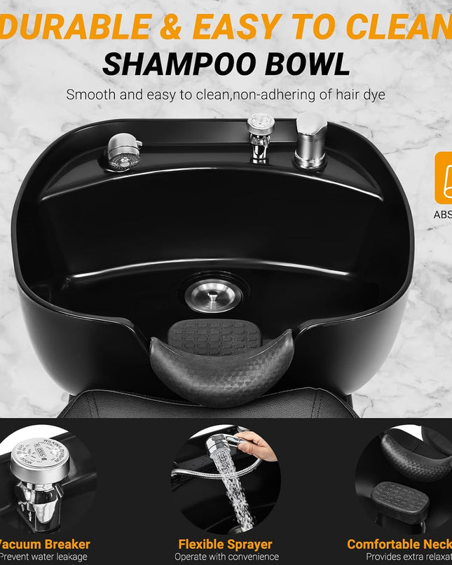 Seogwisam Shampoo Bowl and Chair Set for Salon | PU Leather | ABS Bowl Sink Basin | Built-in Storage Box | High-Density Sponge | Ergonomic Design | Soft...