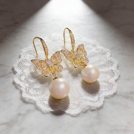 Austrian Crystal Butterfly Pearl Drop Dangle Earrings for Women