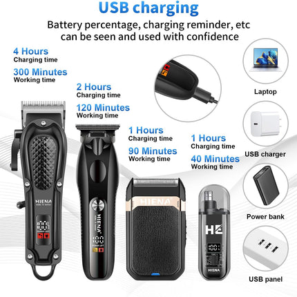 HIENA PRO Hair Clippers for Men Professional, Cordless Barber Clipper & T-Blade Beard/Hair Trimmer Set, Electric Razor Foil Shaver Nose Trimmer Barber Kit, Men's Hair Cutting Kit