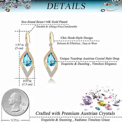 Austrian Crystal Teardrop Hollow Leaf Drop Dangle Earrings for Women 14K Rose Gold Plated Hypoallergenic Jewelry