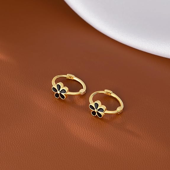 Reffeer Solid 925 Sterling Silver Daisy Flower Hoop Earrings Huggie for Women Black Flower Hoop Earrings Cartilage Helix Earrings