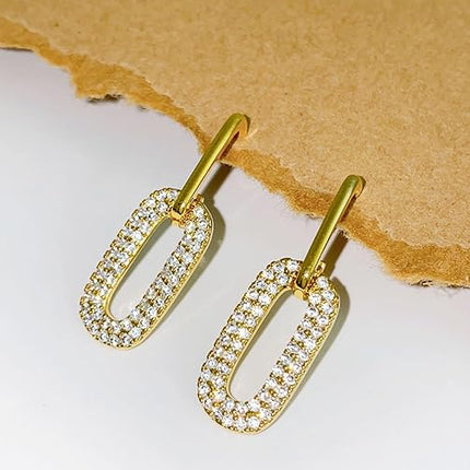 OZEL – CZ Chain Link Dangle Earrings for Women with Cubic Zirconia Stones – 14k Yellow Gold or White Gold Plated Square Oval Round U Shape