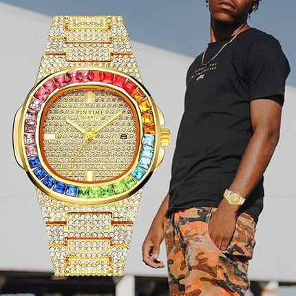 Luxury Bling-ed Out Colorful Full Diamond Watches Fashion Quartz Analog Stainless Steel Band Bracelet Wrist Watch