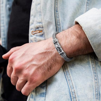 COOLSTEELANDBEYOND Mens Stainless Steel Franco Link Curb Chain Bracelet, Vintage Pattern Filigree Spring Box Clasp