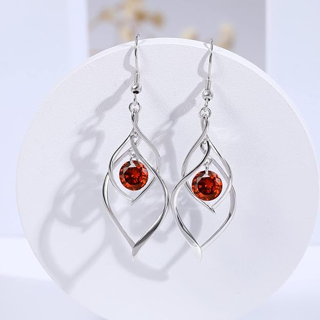 Birthstone Dangle Drop Earrings for Women - 925 Sterling Silver Birthstones Double Twist Leaf Linear Swirl Earrings Infinity Piercing CZ Fish Hook Earring, Classic Birthday Jewelry