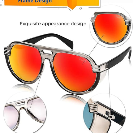 FEISEDY Steampunk with Side Shields Aviator Sunglasses for Men Women 80s Retro Flat Top Oversized Polarized Shades B0096
