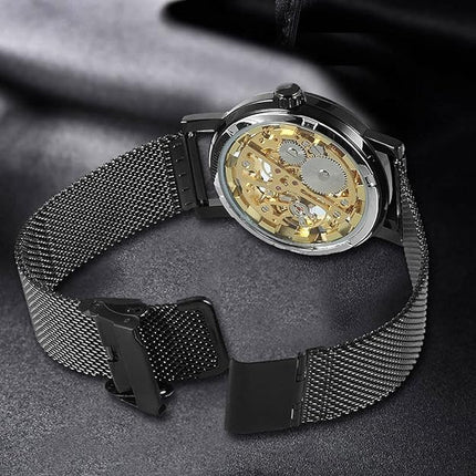 Men's Skeleton Mechanical Roman Numeral Mesh Strap Watch, Hand Winding Mechanical Mesh Luminous Waterproof Watch for Men