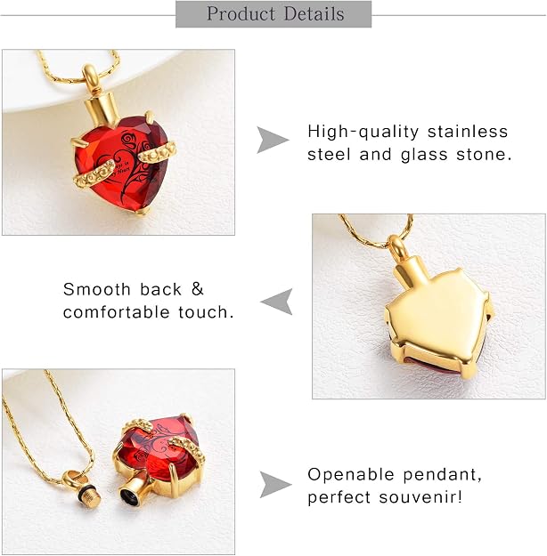 constantlife Crystal Heart Shape Cremation Jewelry Memorial Urn Necklace for Ashes, Stainless Steel Ash Holder Pendant Keepsake with Gift Box Charms Accessories for Women