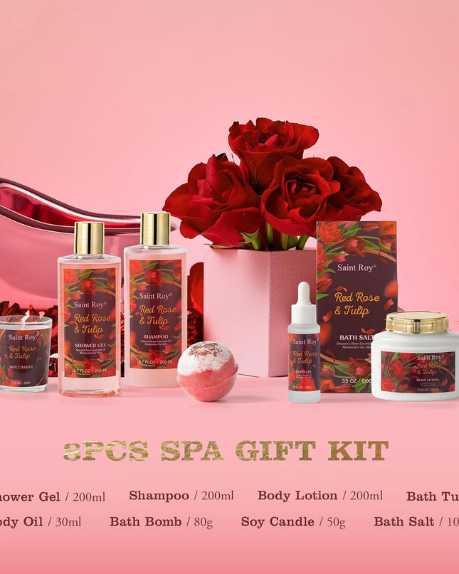 Mother's Day Bath Spa Gift Set Red Rose & Tulip Spa Basket Kits for Women and Men, Contains Essential Oil, Bubble Bath, Body Lotion, Bath Salt, Soy Candle, self care baskets for women gift