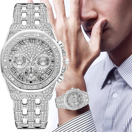 Apzzic Diamond Iced Out Watch CZ Gold Plated 40mm Width Roman Numerals Dial Quartz Wristband Watch for Men Women