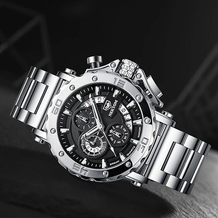 NEKTOM Watches for Men with Stainless Steel, Quartz Analog Watch with Date, Luxury Minimalist Dress Mens Watches, Chronograph Watch, 3ATM Waterproof, Black Wristwatch, Gifts for Men