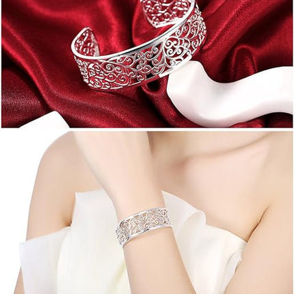 925 Sterling Silver Bangle Cuff Bracelets For Women, Hollow Open Bangle Bracelet Jewelry For Women
