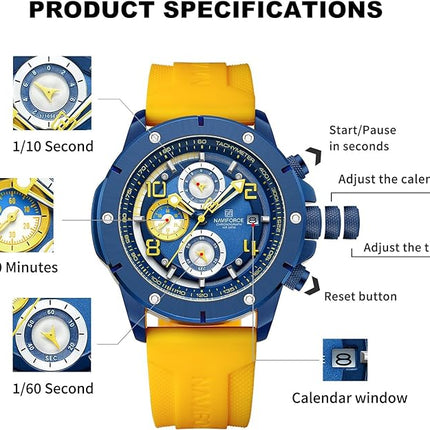 NAVIFORCE Sport Watch for Men Military Outdoor Stopwatch Chronograph Wrist Watch Silicone Strap Waterproof with Auto Date