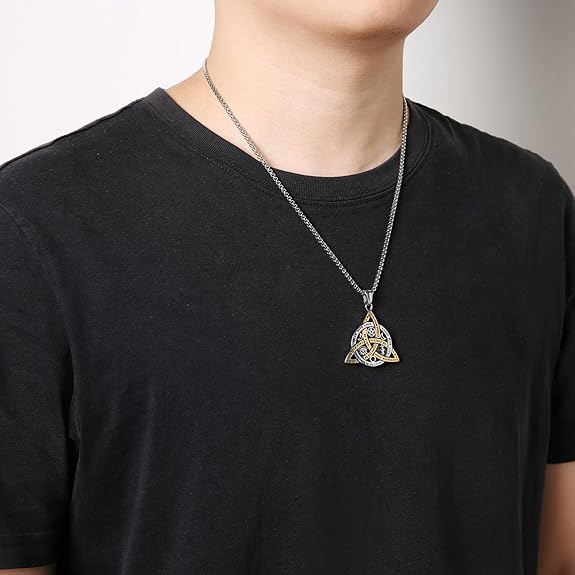 HZMAN Double Sided Stainless Steel Triple Goddess Triquetra Necklace Celtic Knot Irish Christian Trinity Knot Pendant