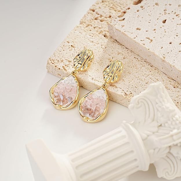 SIXFOX 14K Gold Plated Gold Statement Earrings for Women Trendy Geometric Teardrop Drop Dangle Earrings with Crystal 925 Sterling Silver Posts Chunky Stud Earrings Fashion Jewelry Gift