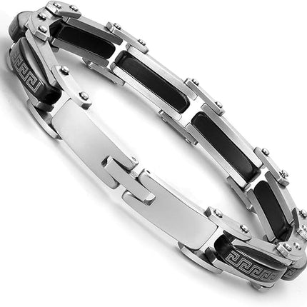 Urban Jewelry Industrial Greek Pattern 316L Stainless Steel Link Cuff Bracelet for Men (Black, Silver)