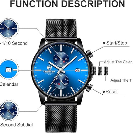 GOLDEN HOUR Mens Watch Fashion Sleek Minimalist Quartz Analog Mesh Stainless Steel Waterproof Chronograph Watches for Men with Auto Date