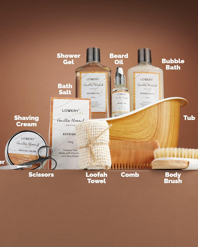 Christmas Gifts for Men, Spa Gift for Him, Dad, Mens, Husband - 11pc Vanilla Almond Unique Grooming Self Care Baskets, Bath and Body Beauty & Personal Beard Care Gifts for Men Who Have Everything