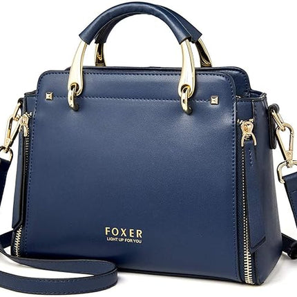 FOXER Leather Handbags for Women, Genuine Leather Ladies Top-handle Bags with Adjustable Shoulder Strap Women's Crossbody Bag Womens Real Cowhide Satchels Leather Messenger Tote Bags(Dark Blue)