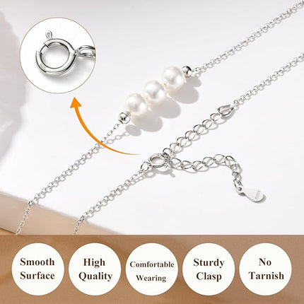 Pearl Necklace for Women, 925 Sterling Silver Dainty Pearl Pendant Necklace Jewelry Gift, Simple 3 White Pearl Choker Necklaces for Mom Friends Grandma Daughter Mother Day Birthday Wedding Valentines Christmas Party