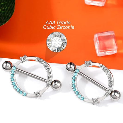 Melighting 14G Nipple Rings Shiny Stainless Steel 316L Clear Blue CZ Dainty Round Nipple Barbell Nipple Bars Body Piercing Jewelry for Women