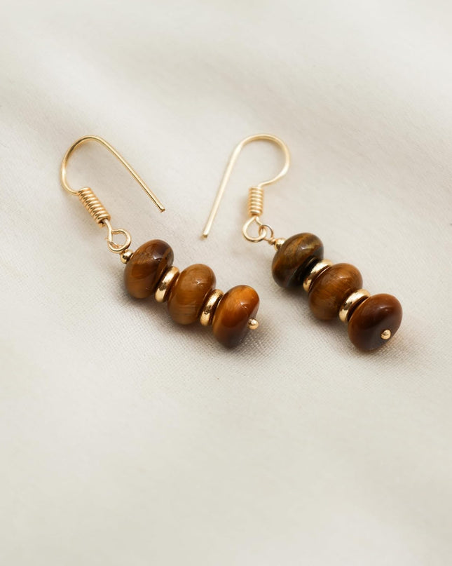 Gempires Natural Tiger Eye 8 mm Roundelle Beads Earring, Crystal Healing Beads, Dangle Drop Earring For Women