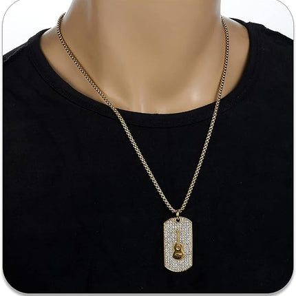 PEAS 18K Gold Plated Jewelry Music Guitar Dog Tag Pendant Iced Out Necklace