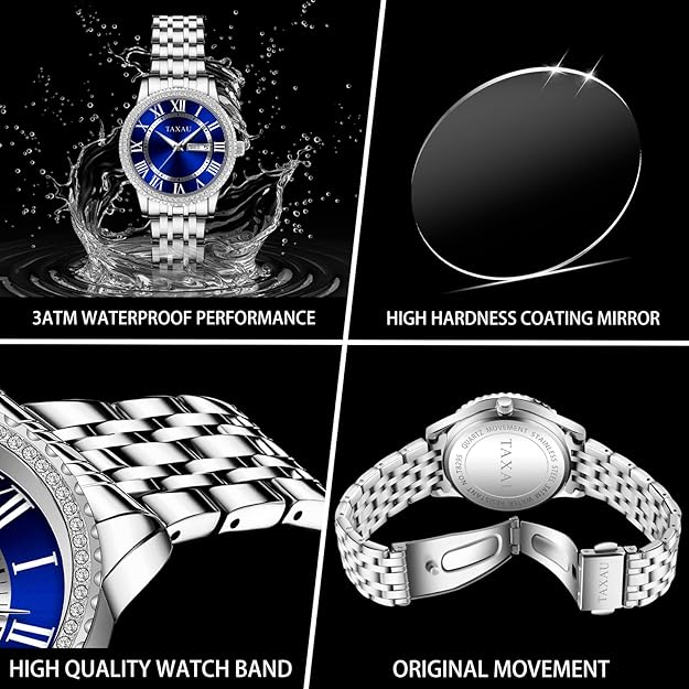 Taxau Watches for Women Stainless Steel Analog Quartz Watch for Women Waterproof Roman Numerals with Day Date