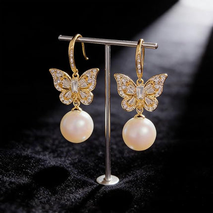 Austrian Crystal Butterfly Pearl Drop Dangle Earrings for Women