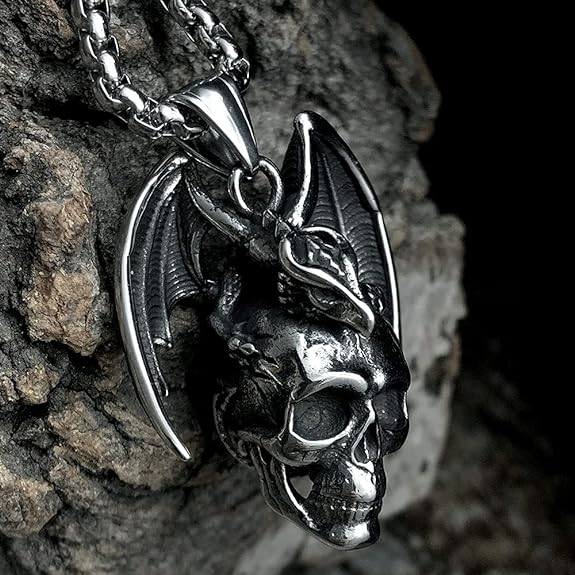 bahamut Mens Skull Dragon Pendant Necklace for Men Boys Silver Gold Cool Goth Accessory Jewelry with Stainless Steel Chain