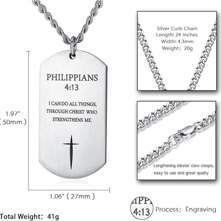 REVEMCN Black Silver Stainless Steel Bible Verse Cross Dog Tag Pendant Necklace for Men, 24-28 Inches Chain