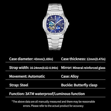 Automatic Tourbillon Watches for Men, Square Skeleton Watch Stainless Steel Self-Winding Mechanical Watch Wrist Watch