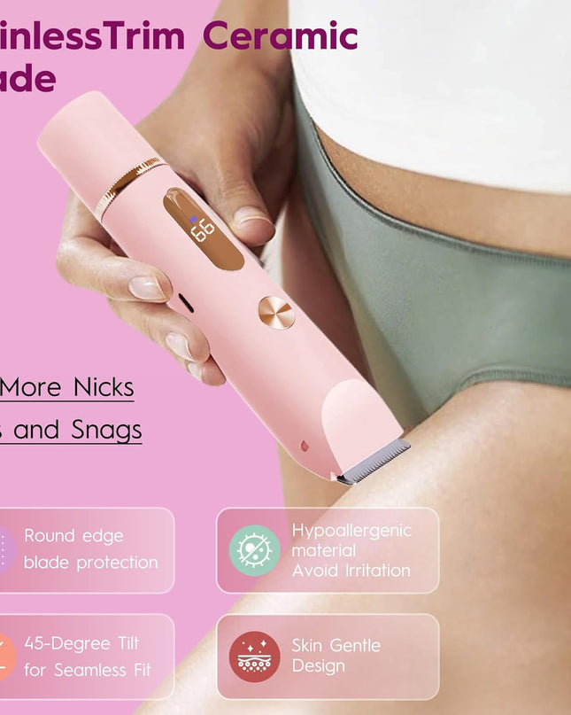 Bikini Trimmer for Women, 2-in-1 Electric Razor & Shaver, IPX7 Waterproof, Gentle Hair Removal for Pubic, Face, Legs, Underarms, Cordless Rechargeable with Ceramic Blades, Travel Friendly