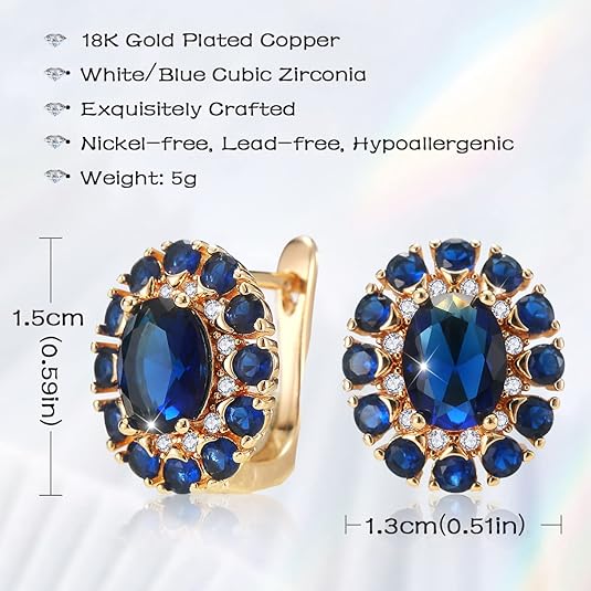 Sapphire Earrings for women，Cubic Zirconia Stud Earrings 18K Gold Plated Crystal Flower Earrings