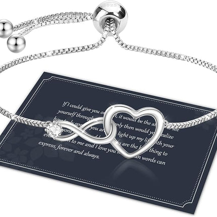 Infinity Heart Bracelets for Women with 5A Cubic Zirconia, 925 Silver Bracelets for Women Adjustable Womens Bracelet Jewelry for Wife Girlfriend Her
