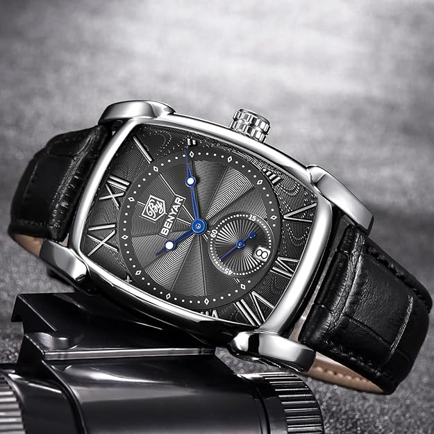 BENYAR Waterproof Classic Rectangle Case Vintage Design Watches Leather Strap Business Casual Wrist Watch for Men