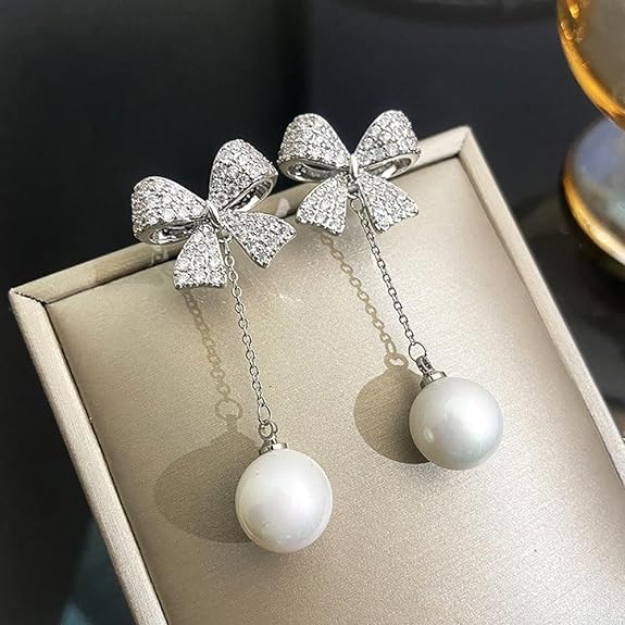 MIKAMU 14K Gold bow Earrings for Women CZ cubic zirconia Gold Plated trendy Pearl Earring for Women Jewelry Birthday Gifts for