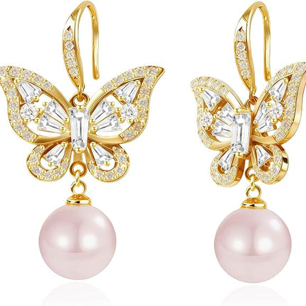 Austrian Crystal Butterfly Pearl Drop Dangle Earrings for Women