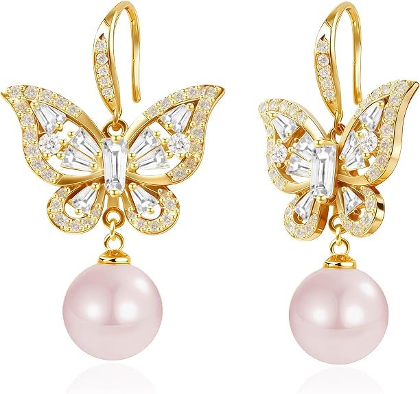 Austrian Crystal Butterfly Pearl Drop Dangle Earrings for Women