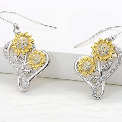 925 Sterling Silver Sunflower Earrings for Women - Hypoallergenic Cubic Zirconia Infinity Heart Dangle Jewelry for Teen Girls Family