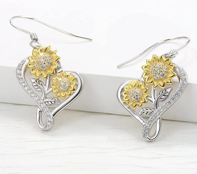 925 Sterling Silver Sunflower Earrings for Women - Hypoallergenic Cubic Zirconia Infinity Heart Dangle Jewelry for Teen Girls Family