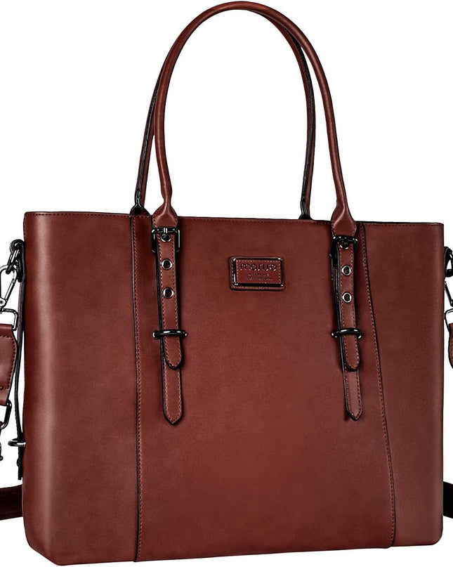 MOSISO PU Leather Laptop Tote Bag for Women (17-17.3 inch), Waterproof Large Capacity Business Work Briefcase Shoulder Laptop Bag, Brown