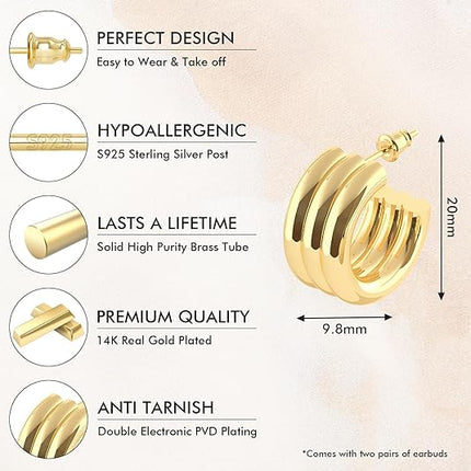 14K Gold Plated Post Chunky Open Hoops for Women | Trendy Gold Hoop Earrings in Yellow Gold Plating Everyday Earrings for Jewelry for Women Girl Gifts