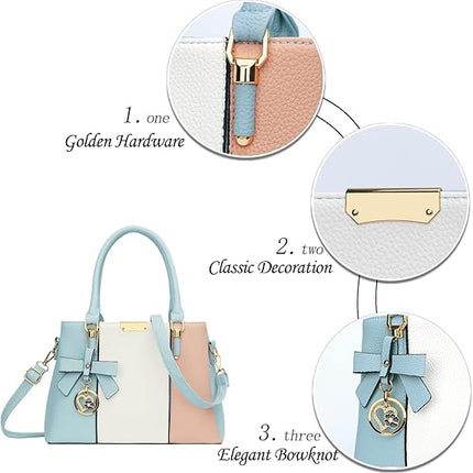 KKXIU 3 Zippered Compartments Purses and Handbags for Women Top Handle Satchel Shoulder Ladies Bags (A-Blue White Pink)