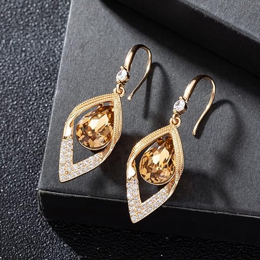 Austrian Crystal Teardrop Hollow Leaf Drop Dangle Earrings for Women 14K Rose Gold Plated Hypoallergenic Jewelry