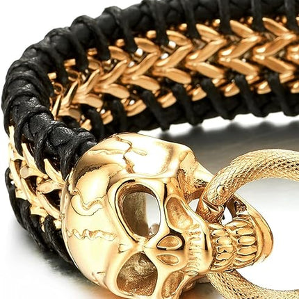 COOLSTEELANDBEYOND Mens Steel Gold Square Franco Chain Bracelet Interwoven with Black Leather, Skull Spring Ring Clasp