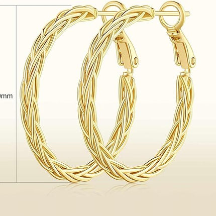 14K Gold Hoop Earrings for Women Trendy Thick Twisted Hoops Earring Fine Weave Design 14K Gold Earrings for Womens Hypoallergenic Earrings Jewelry for Women 30MM