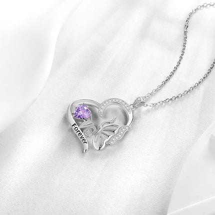 Aurora Tears Birthstone Love Heart Butterfly Pendant Necklace - 925 Sterling Silver Firework-Cut Cubic Zirconia Love Forever Necklace Anniversary Birthday Jewelry Gift for Women Wife Mom Daughter